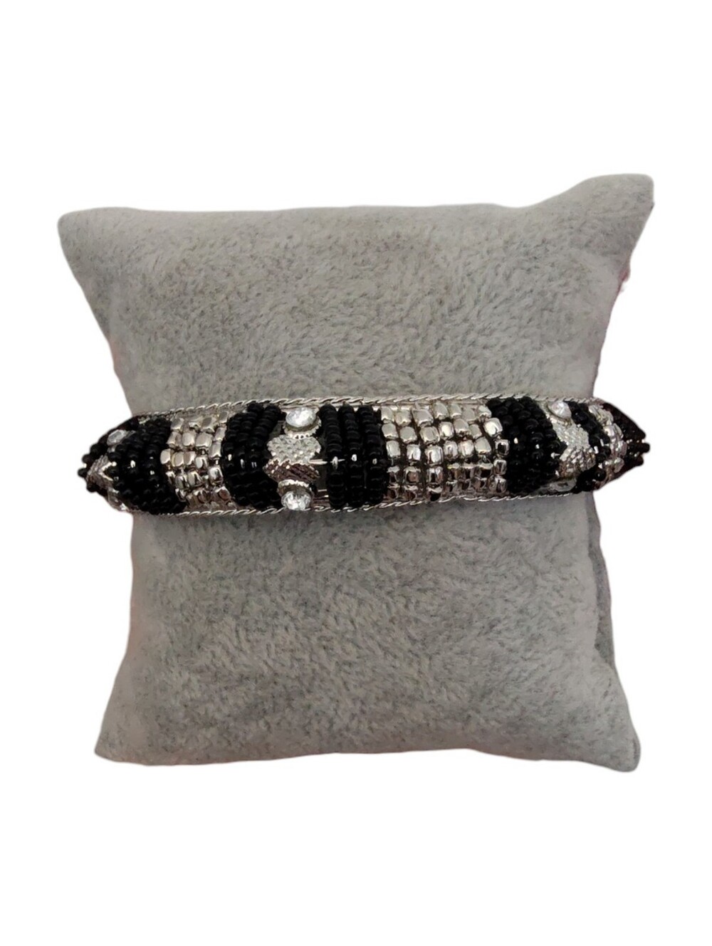 Black & Silver Beaded Rhinestone Bangle Bracelet Statement Jewelry